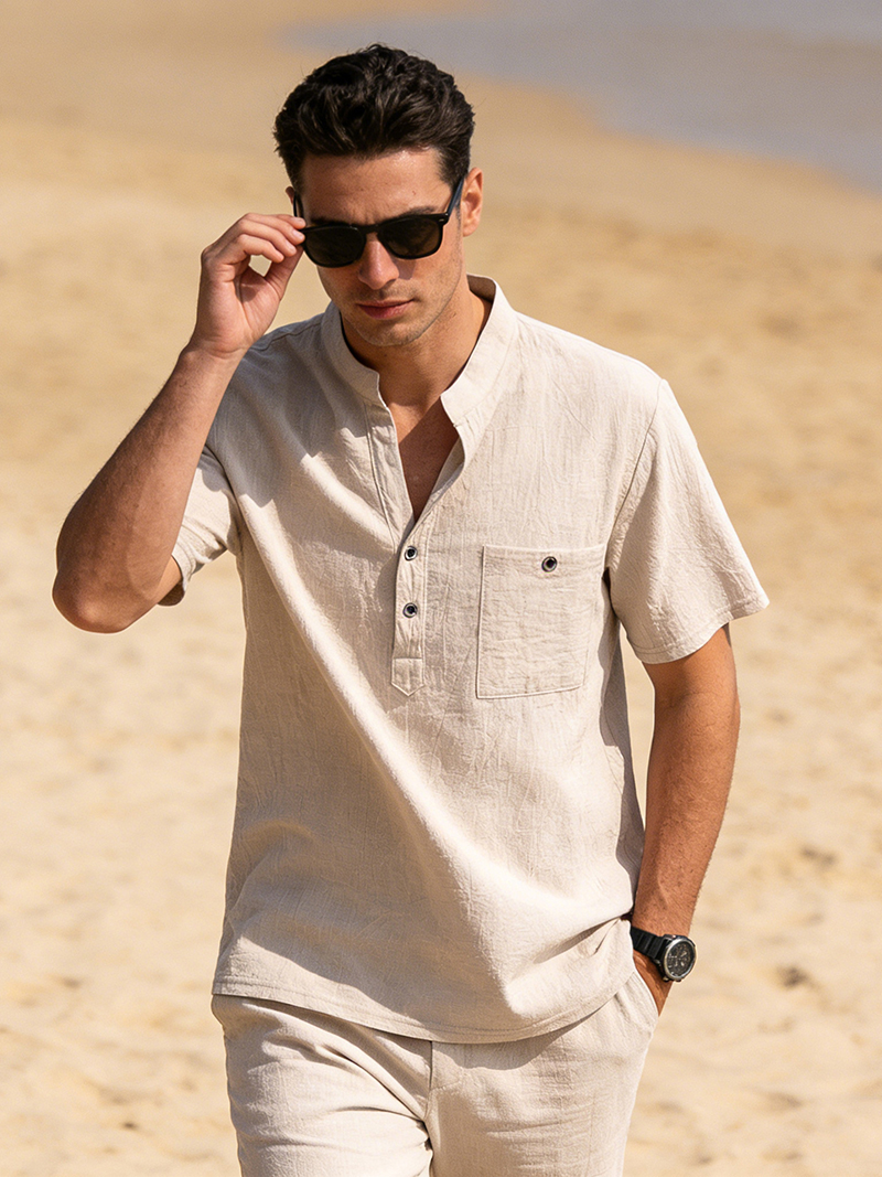 Men's Cotton Linen Henley Shir - Linen Shirt Breathable review and price