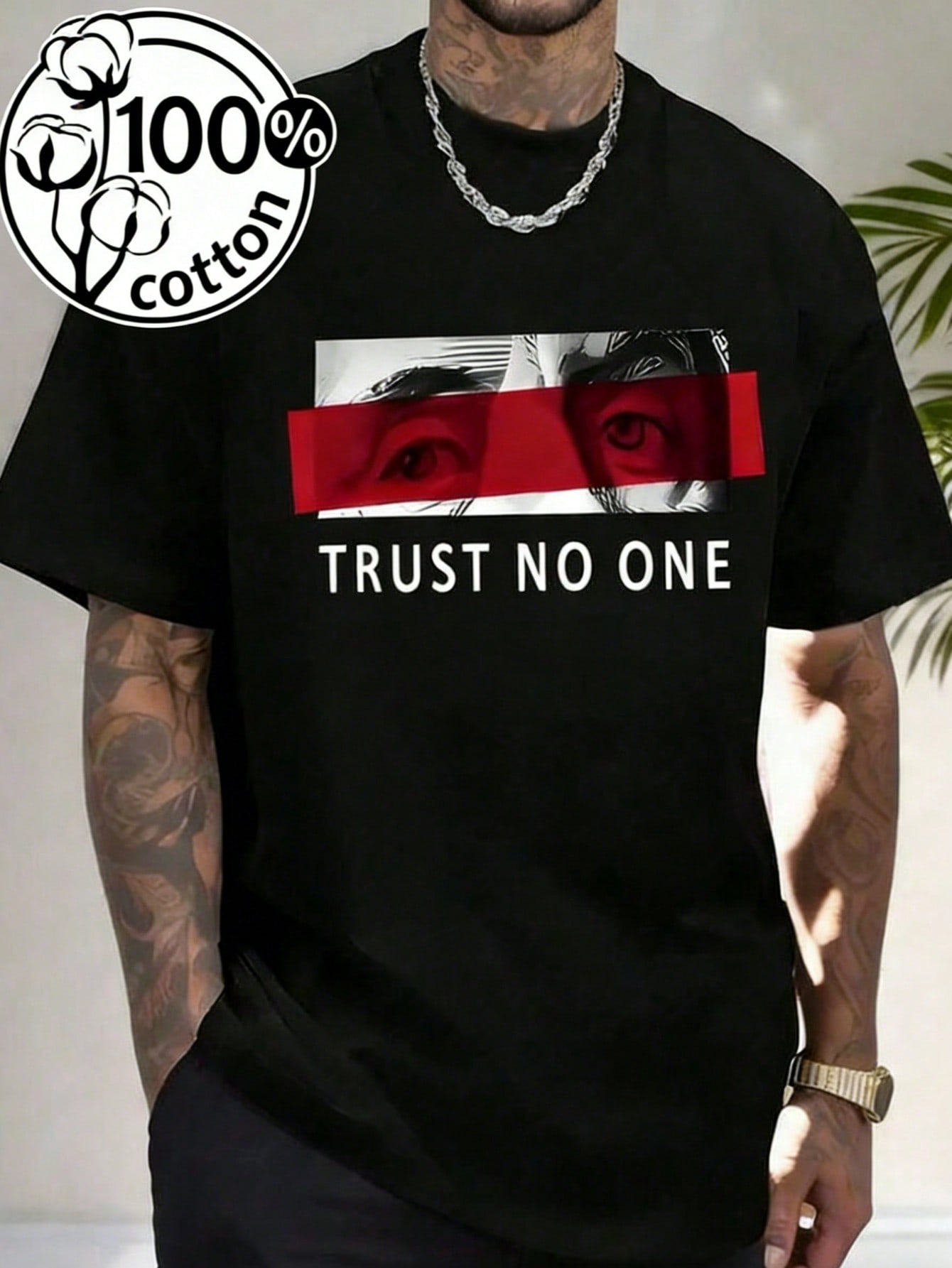 Black Cotton Graphic Tee with  - Tee Graphic Print review and price