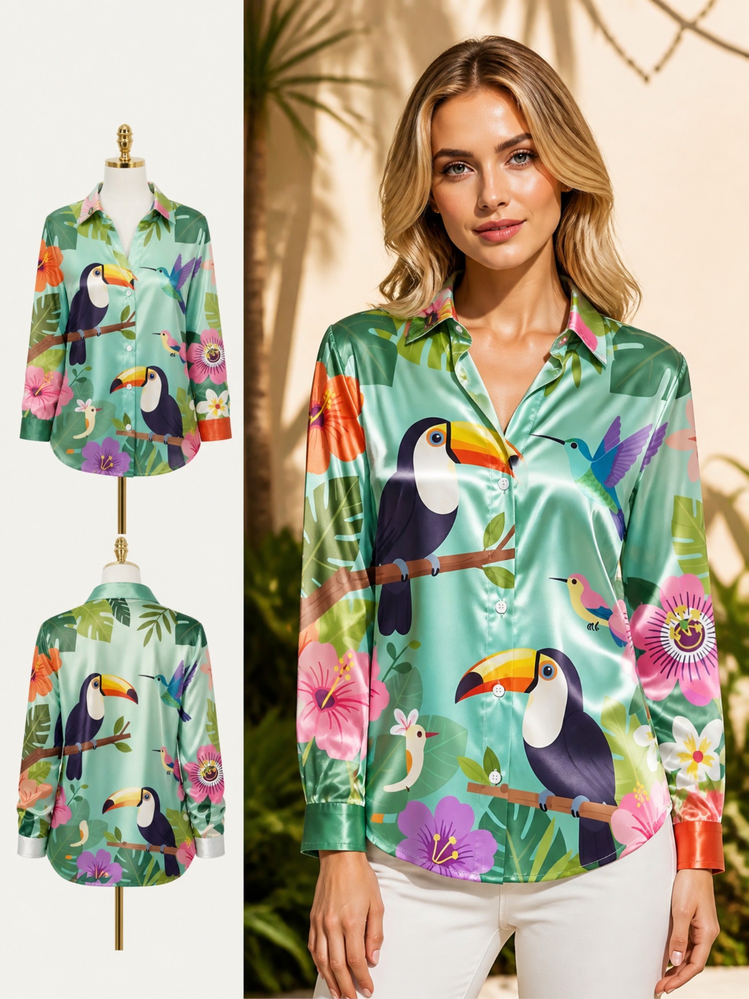 Mint Toucan Satin Button Shirt - Resort Shirt Floral review and price