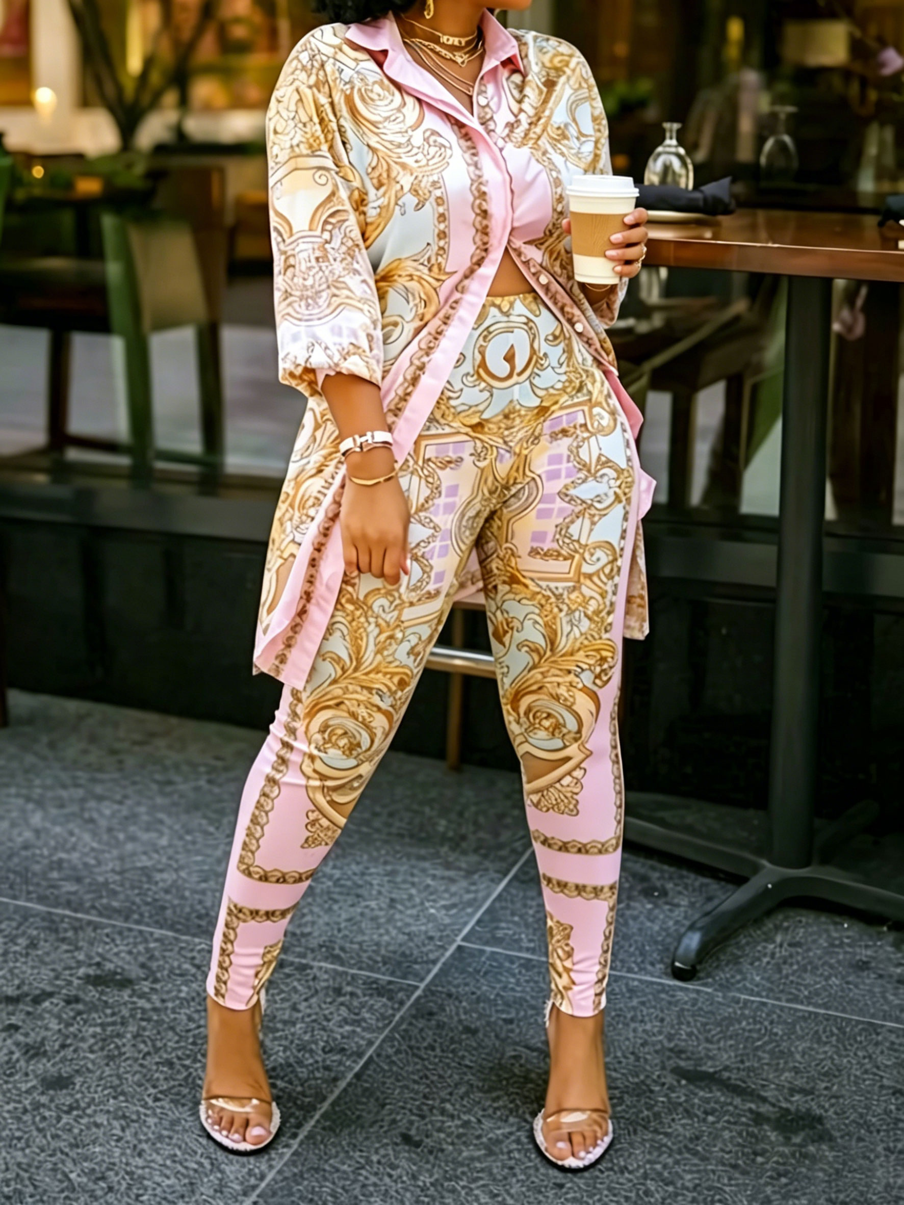Women 2 Piece Set Ornate Print - Shirt Camp Collar review and price