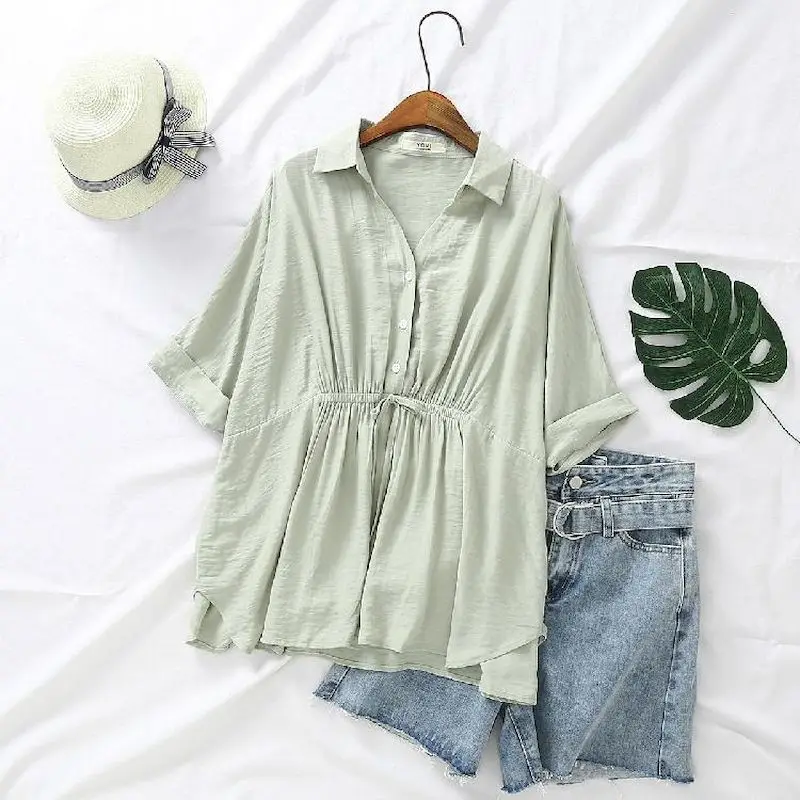 Korean Loose Blouses Women Fas - Short Linen Drawstring review and price