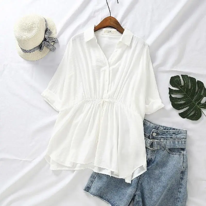 Korean Loose Blouses Women Fas - Short Linen Drawstring review and price
